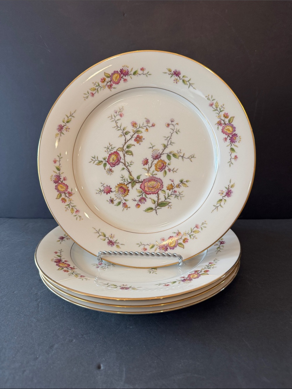 Set of 4 Noritake Asian Song Dinner Plates Floral Gold Rim 10.5” Wide